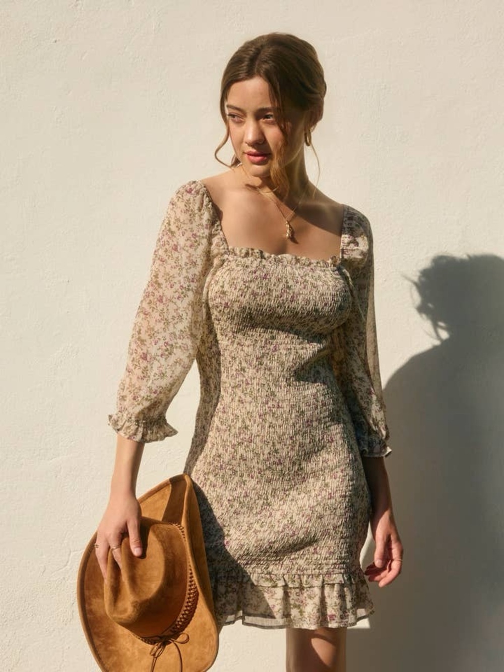 Smocked Floral Square-Neck Mini Dress in Cream